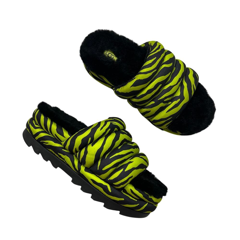 UGG | Maxi Slide Green Black Tiger Print Faux Fur Platform Slides Sandals Size 8